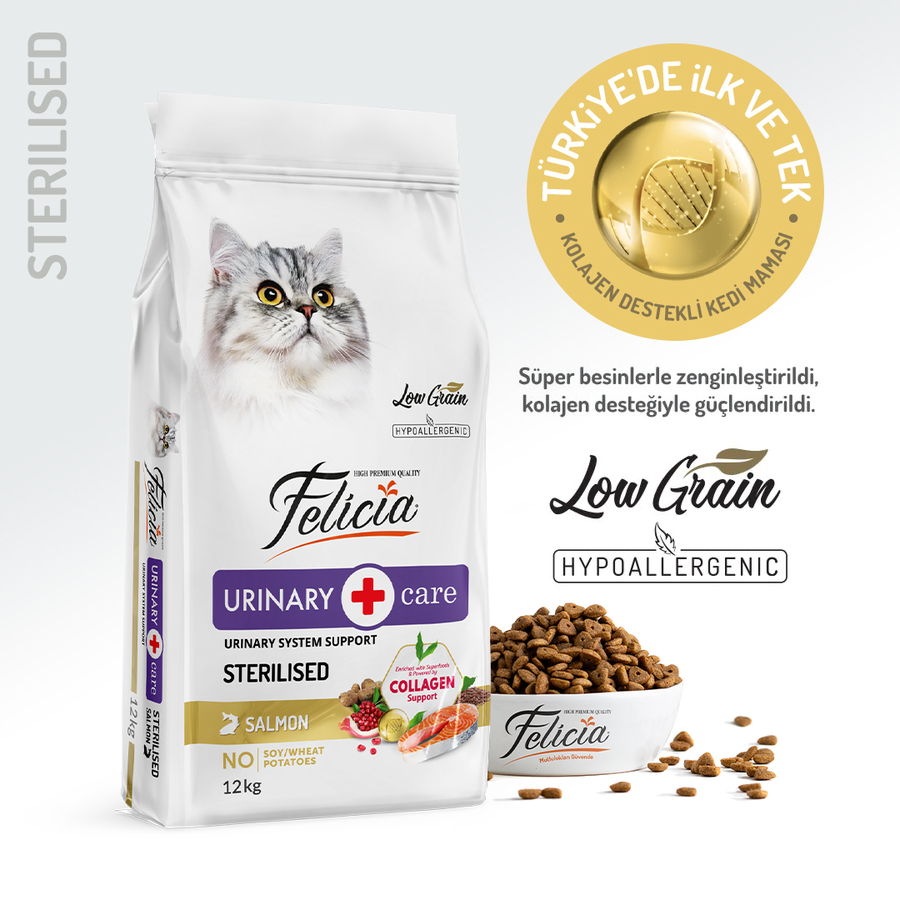 Felicia 12 Kg Kolajenli Somonlu Az Tahıllı Kısırlaştırılmış Kedi Maması  HypoAllergenic Kedi Maması