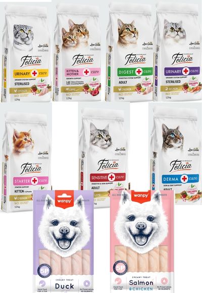 Felicia Kedi Maması 12 Kg  7 Adet  Wanpy Ördekli Krema ,Wanpy Somonlu&Tavuklu  Krema Köpek Ödül (24 Adet)