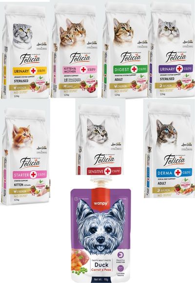 Felicia Kedi Maması 12 Kg 7 Adet Wanpy Köpek Kapaklı Et Ezmesi 4 Çeşit (40 Adet) Felicia Kedi Maması 12 Kg 7 Adet Wanpy Köpek Kapaklı Et Ezmesi 4 Çeşit (40 Adet)