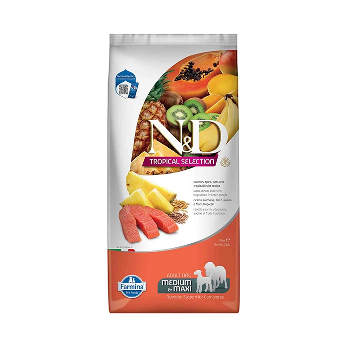 N&D Tropical Selection Somonlu Tropikal Meyveli Orta ve Büyük Irk Yetişkin Köpek Maması 10kg N&D Tropical Selection Somonlu Tropikal Meyveli Orta ve Büyük Irk Yetişkin Köpek Maması 10kg