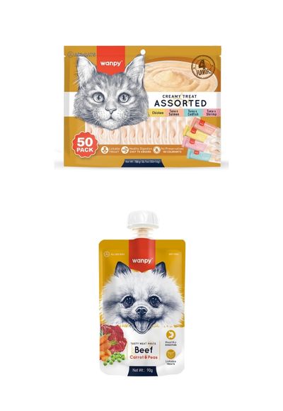 Wanpy Karışık 4 Lezzetli Krema Kedi Ödülü 50*14 gr 12 Adet Wanpy Taze Sığır Etli&Havuçlu 10 Adet Köpek Et Ezmesi 90 gr