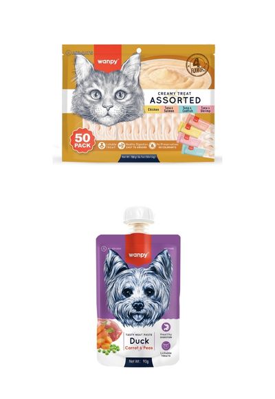 Wanpy Karışık 4 Lezzetli Krema Kedi Ödülü 50*14 gr 12 Adet  Wanpy Taze Ördekli&Havuçlu 10 Adet Köpek Et Ezmesi 90 gr
