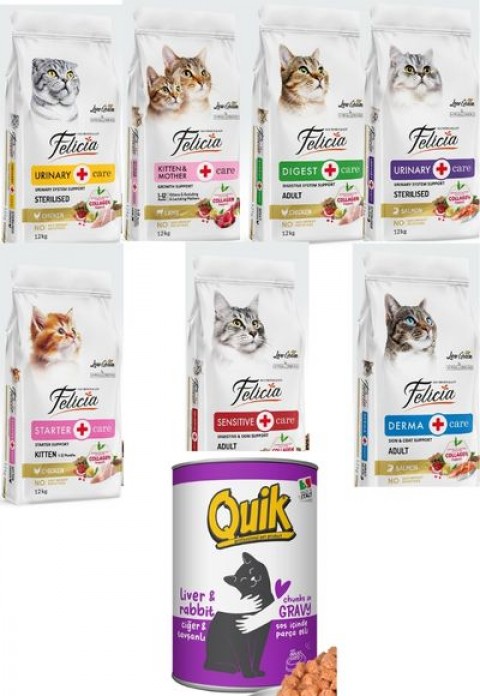 Felicia Kedi Maması 12 Kg  7 Adet  Quik Kedi Konserve 24 Adet
