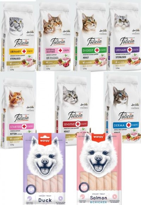 Felicia Kedi Maması 12 Kg  7 Adet  Wanpy Ördekli Krema ,Wanpy Somonlu&Tavuklu  Krema Köpek Ödül (24 Adet)