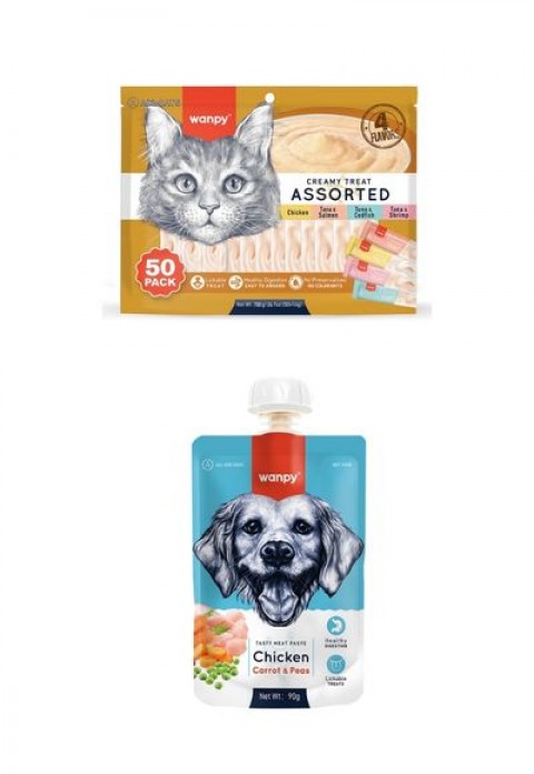 Wanpy Karışık 4 Lezzetli Krema Kedi Ödülü 50*14 gr 12 Adet Wanpy Taze Tavuklu&Havuçlu 10 Adet  Köpek Et Ezmesi 90 gr