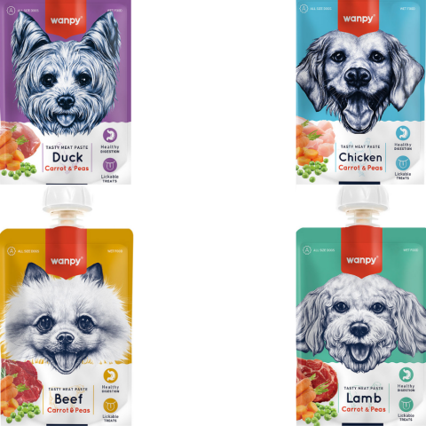 Wanpy Köpek Et Ezmesi 90 gr  Ördekli&Havuçlu & Tavuklu&Havuçlu & Sığır Etli&Havuçlu & Kuzulu&Havuçlu  ( 4 Çeşit 40 Adet ) SKT 07/26